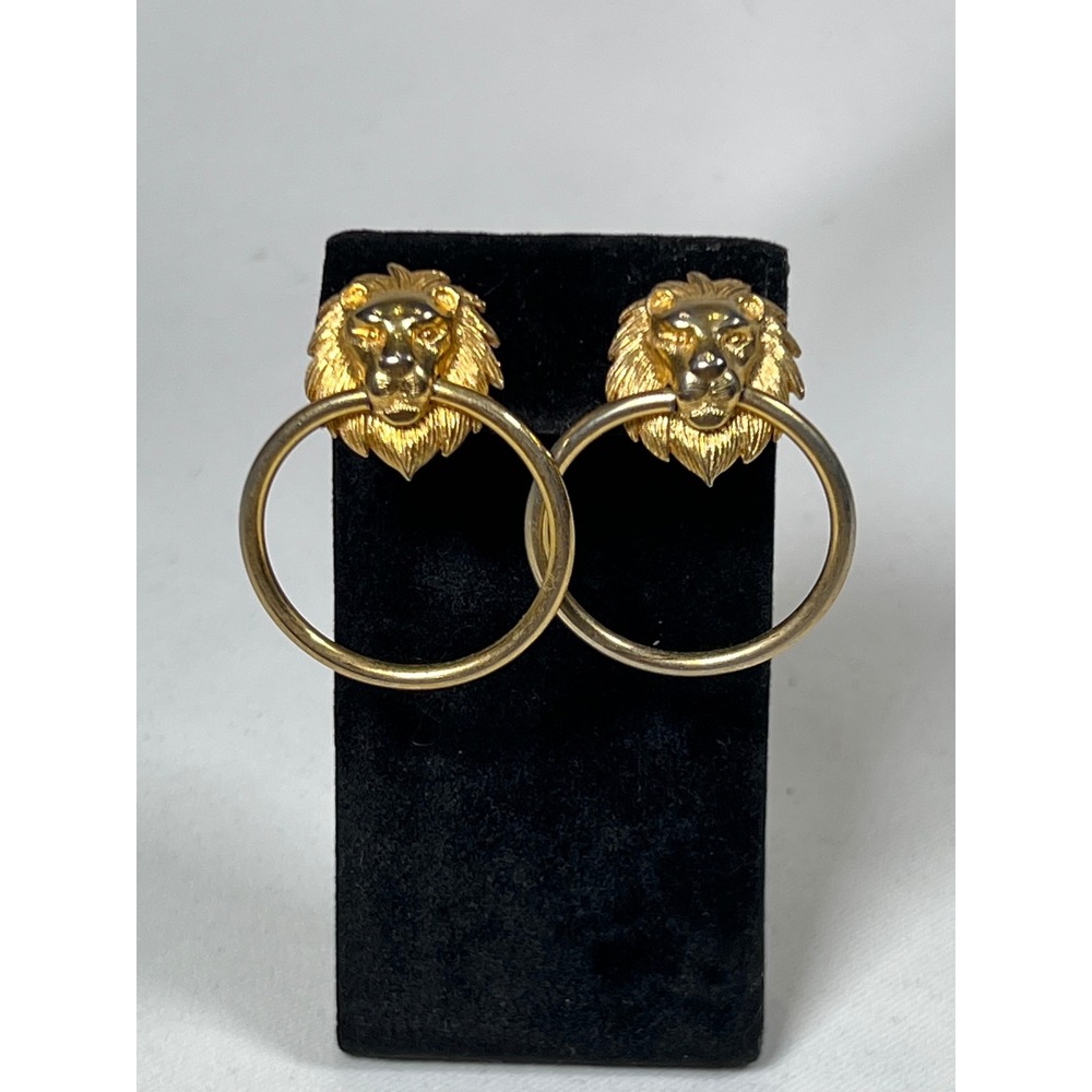 Vintage Lion Head Door Knocker Earrings Gold Tone Statement Hoop Studs